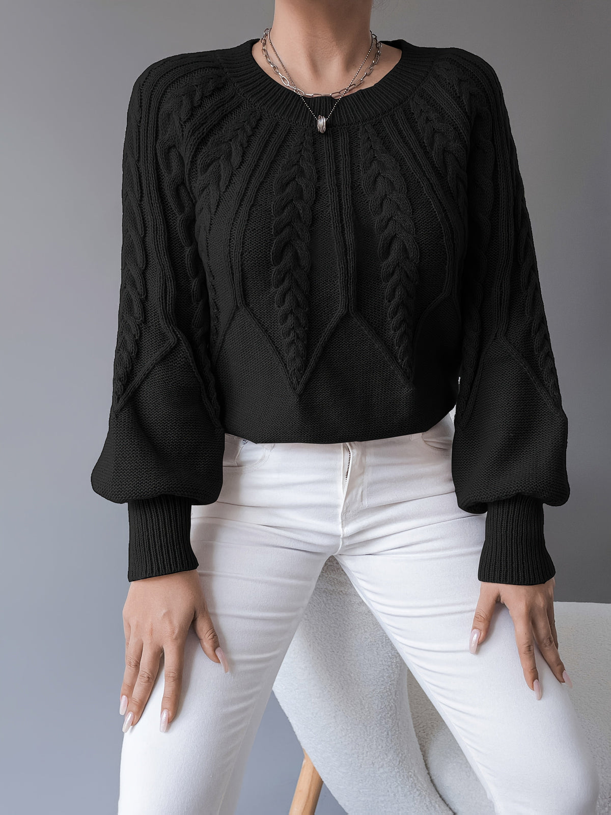 Women's Relaxed Lantern Sleeve Cable Knit Jumper