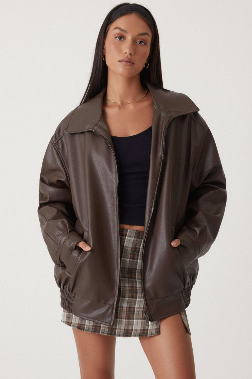 Women's Relaxed Plain Female Leather Jacket