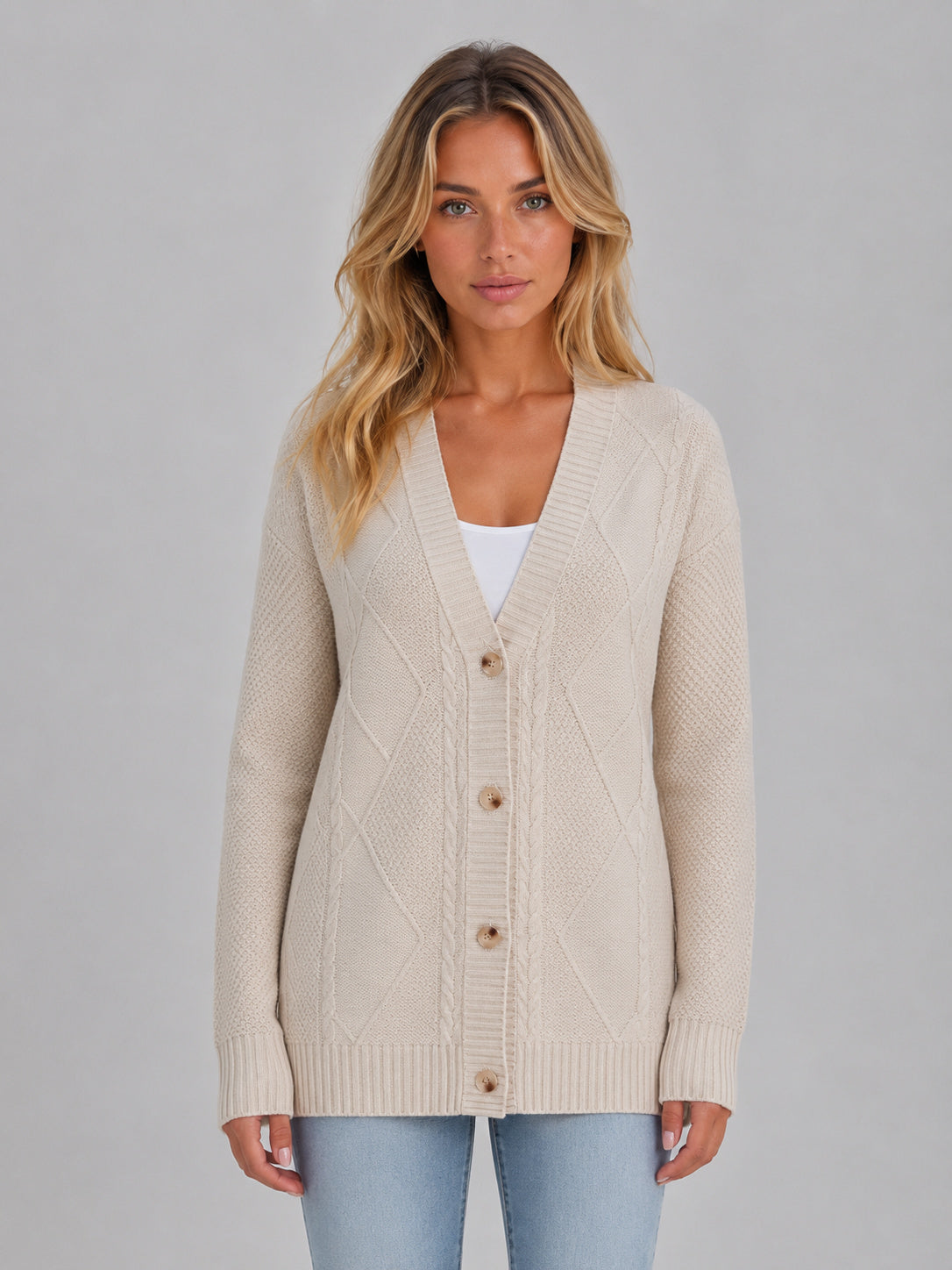 Women's Relaxed V Neck Cable Knit Cardigan