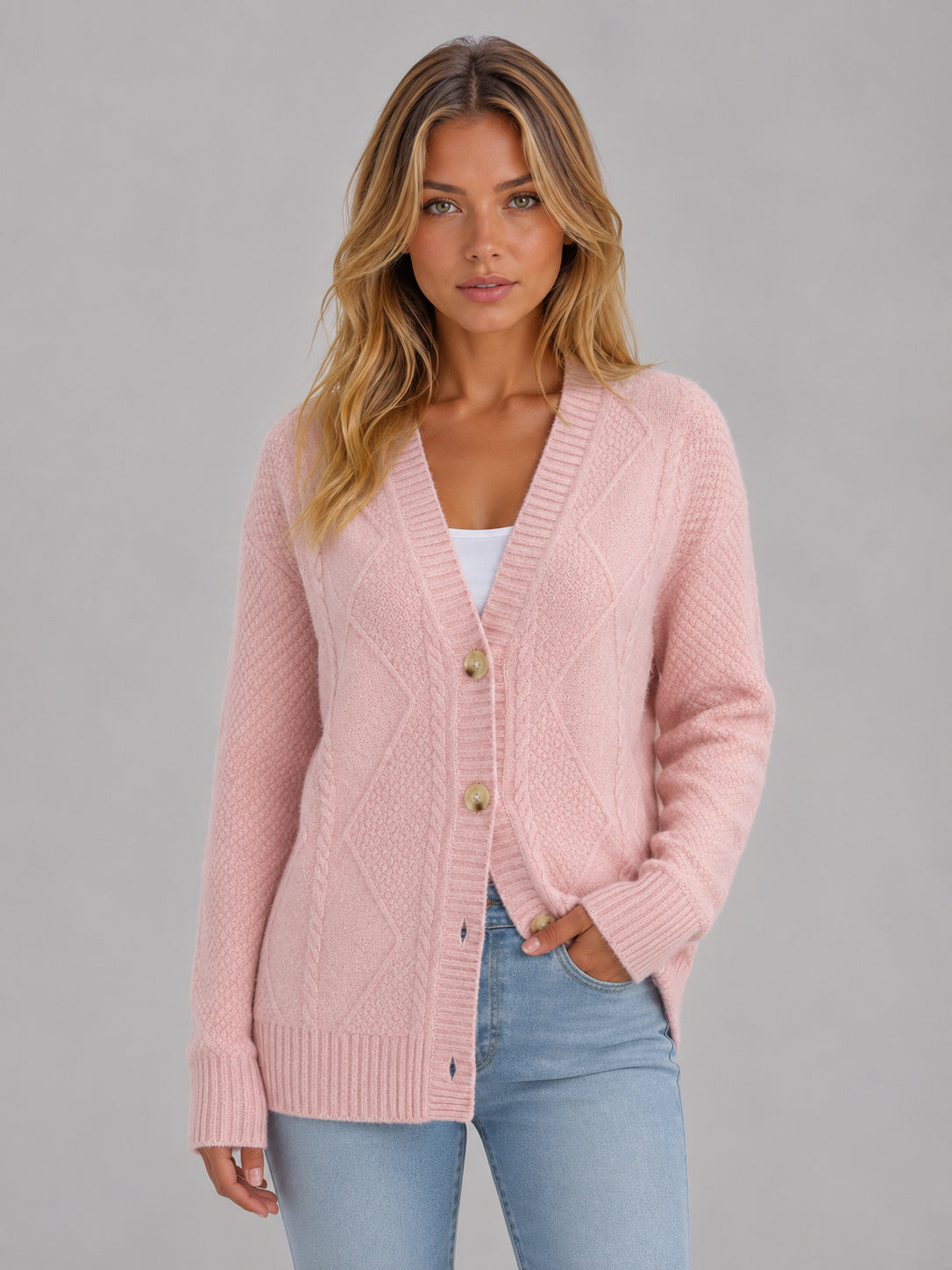 Women's Relaxed V Neck Cable Knit Cardigan