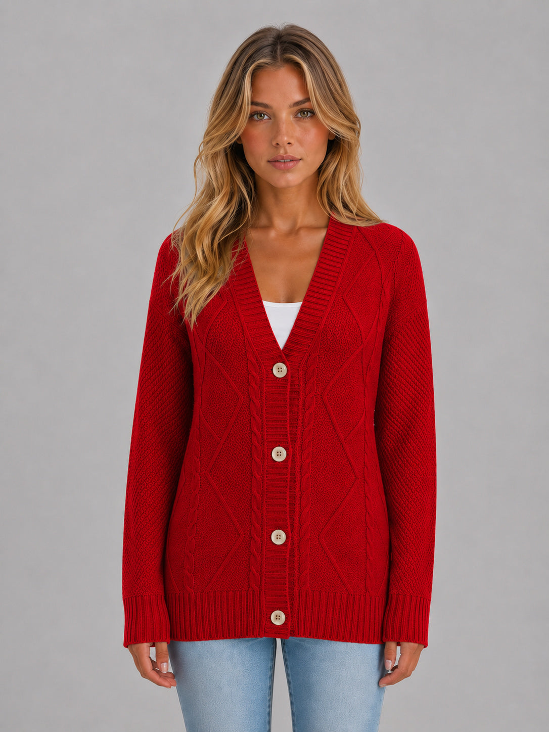 Women's Relaxed V Neck Cable Knit Cardigan