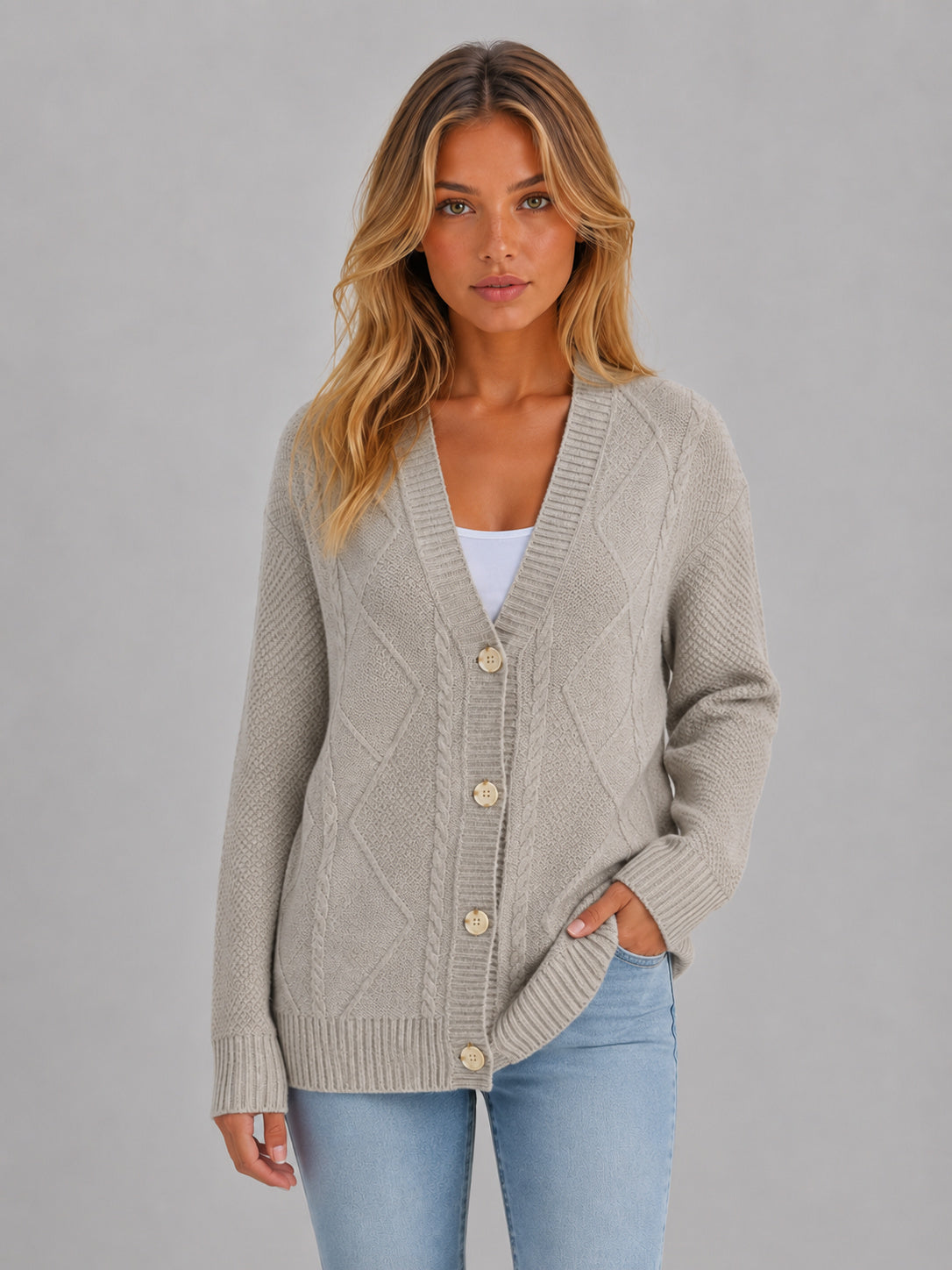 Women's Relaxed V Neck Cable Knit Cardigan