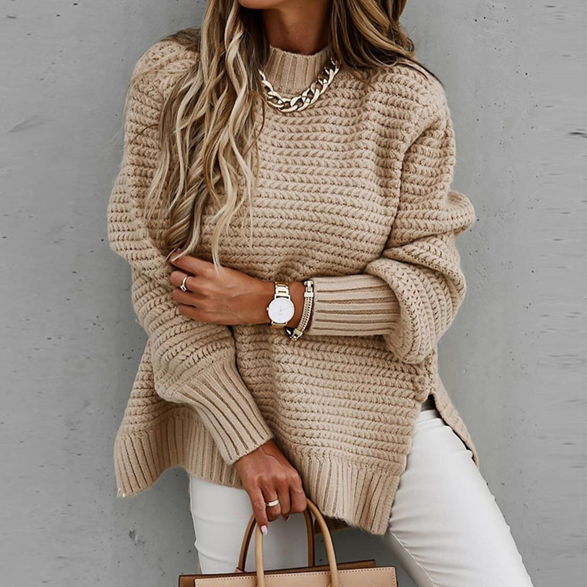 Women's Roll Neck Oversized Chunky Knit Jumper
