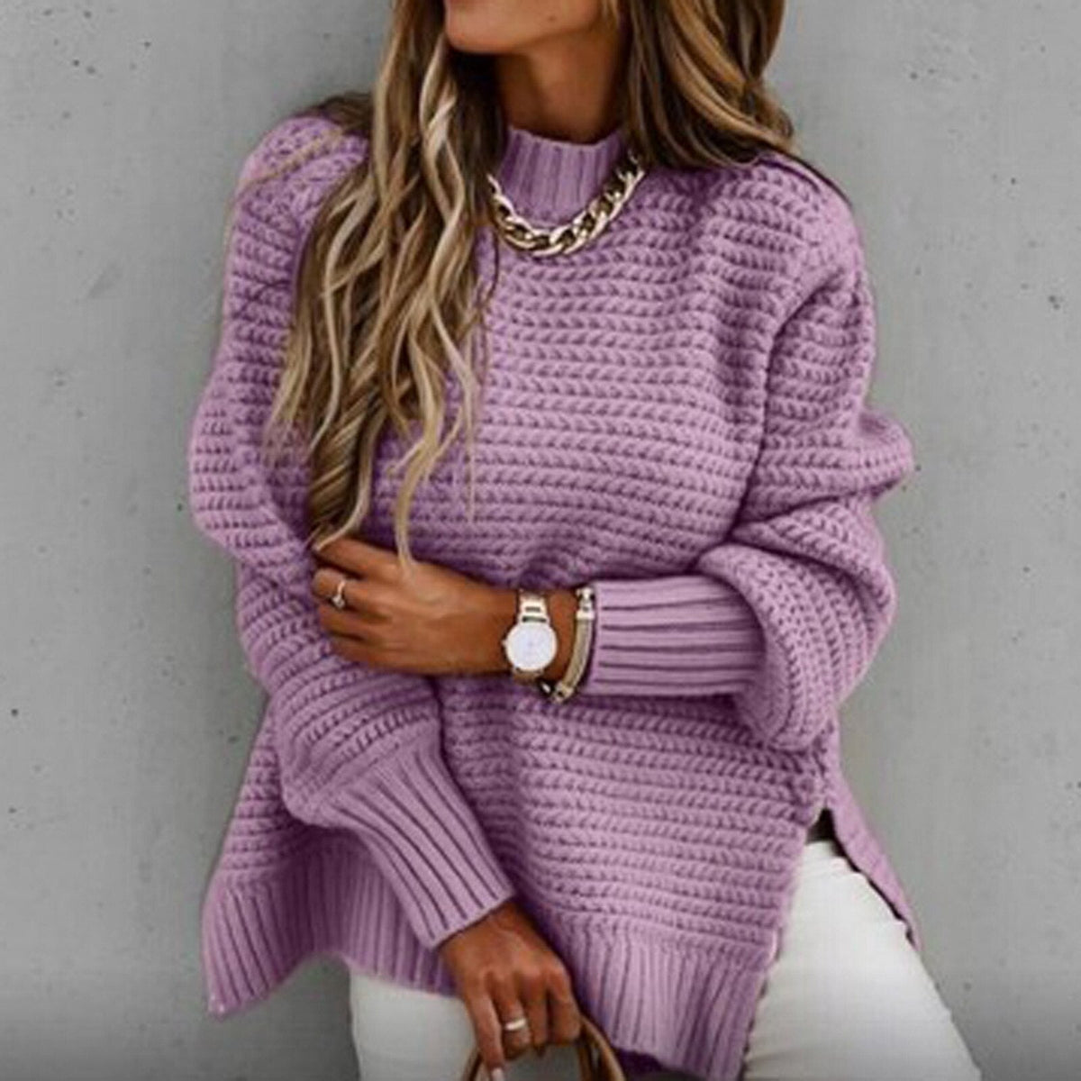 Women's Roll Neck Oversized Chunky Knit Jumper