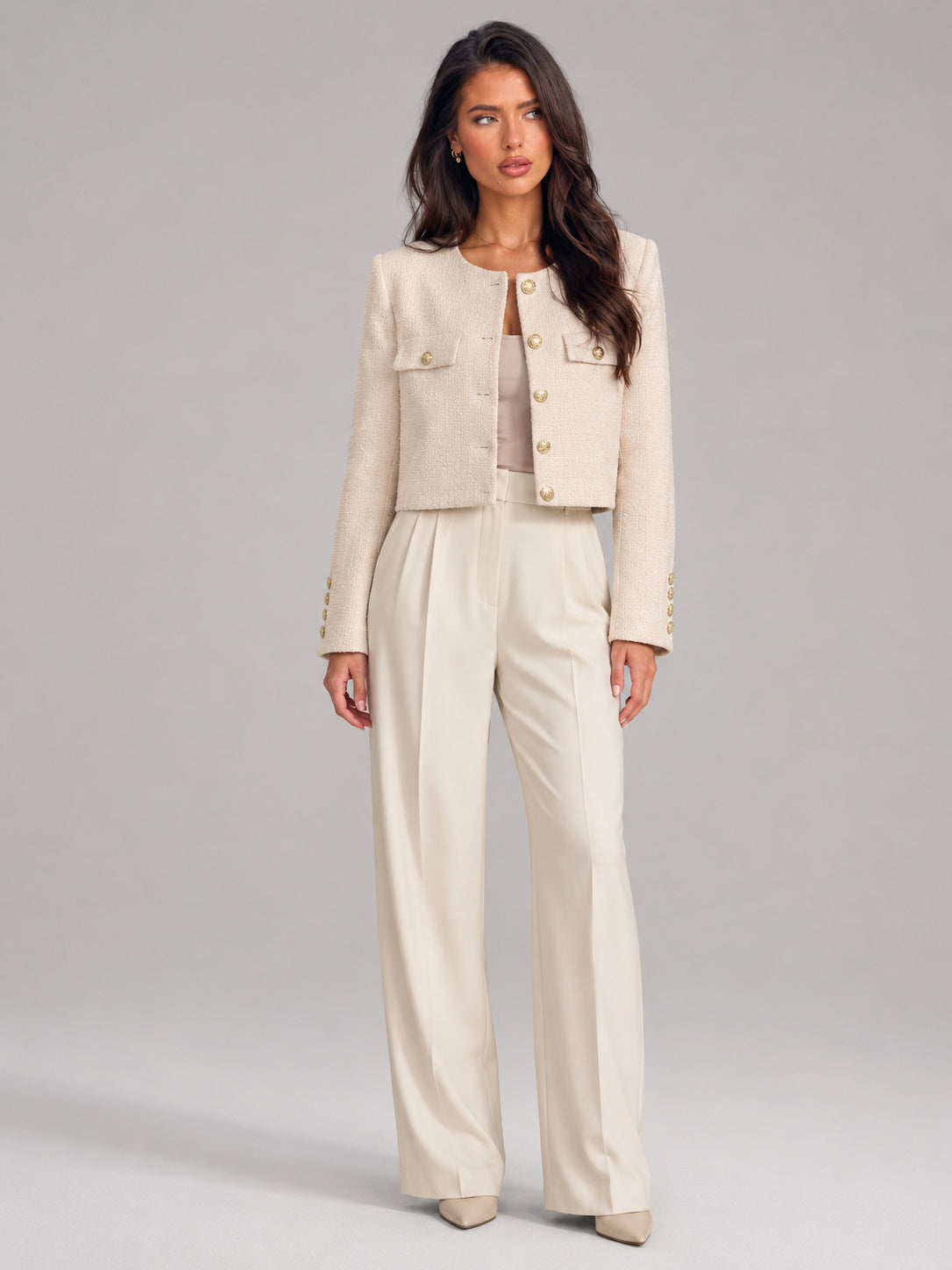 Women's Round Neck Button-Up Tweed Cropped Jacket