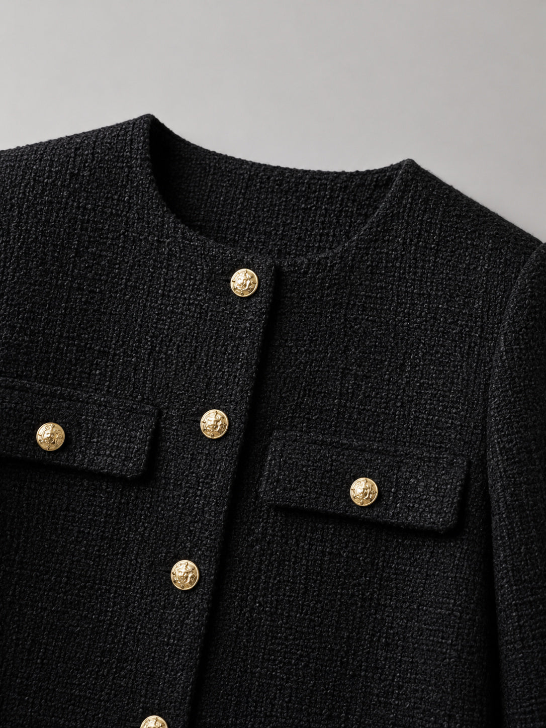 Women's Round Neck Button-Up Tweed Cropped Jacket