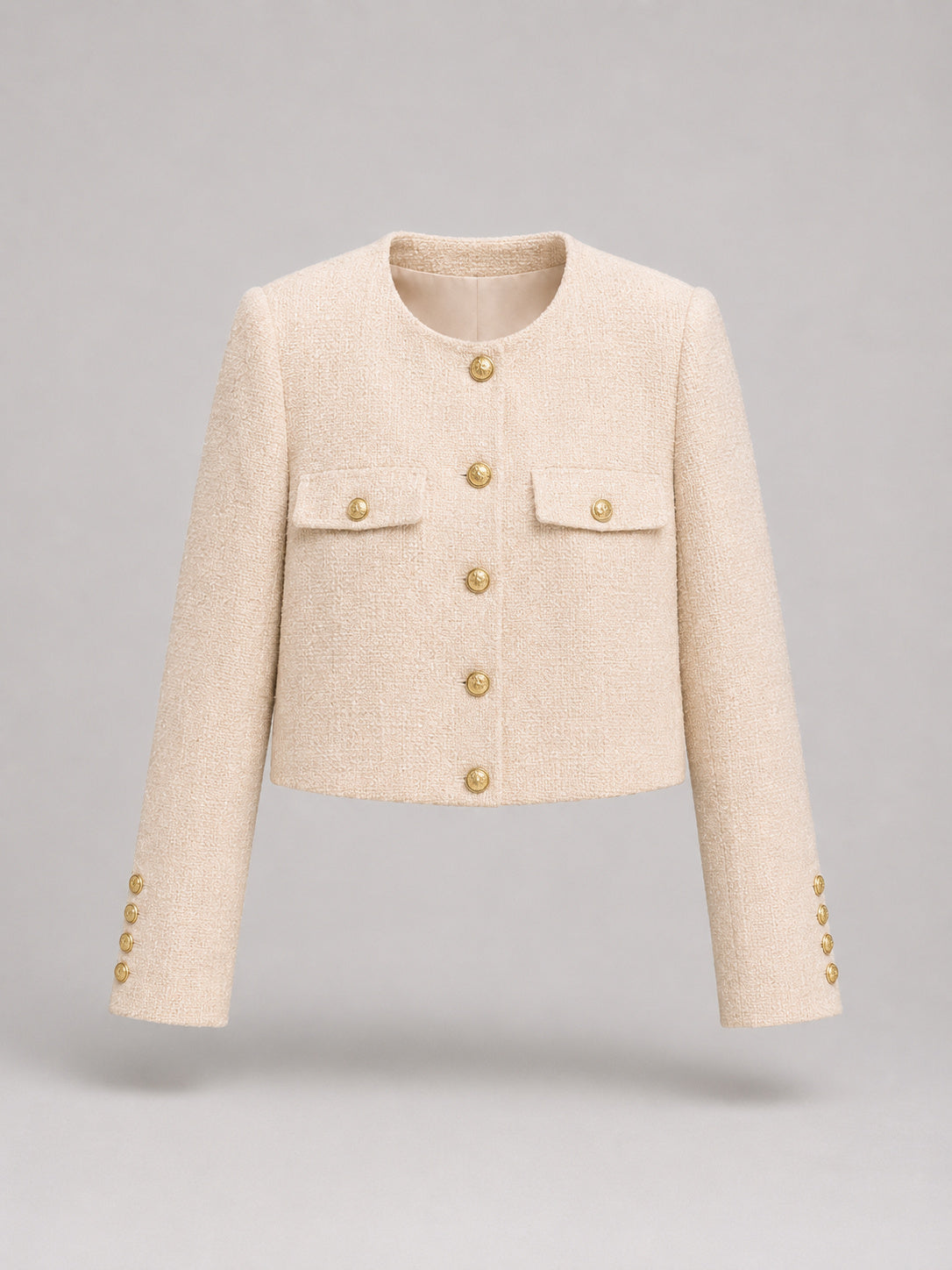 Women's Round Neck Button-Up Tweed Cropped Jacket
