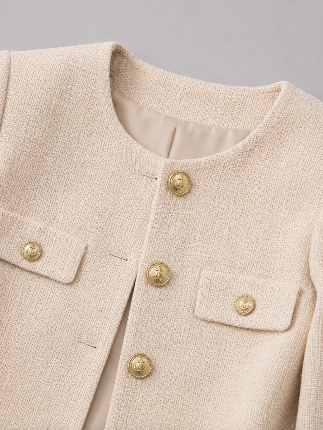 Women's Round Neck Button-Up Tweed Cropped Jacket