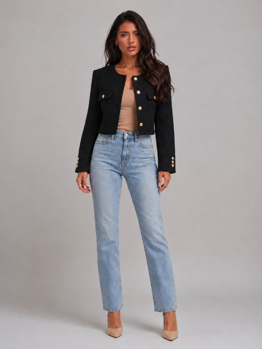 Women's Round Neck Button-Up Tweed Cropped Jacket