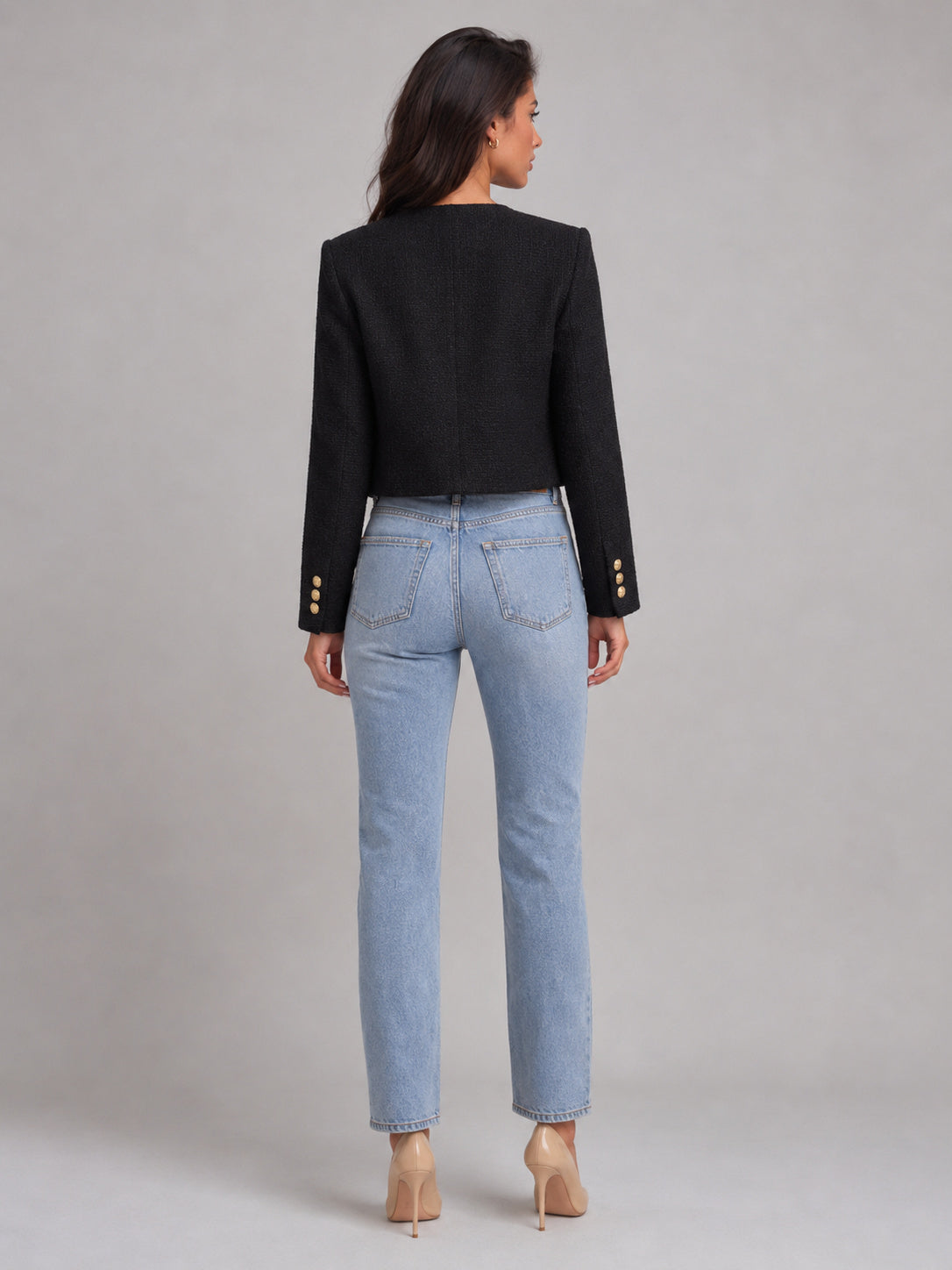 Women's Round Neck Button-Up Tweed Cropped Jacket