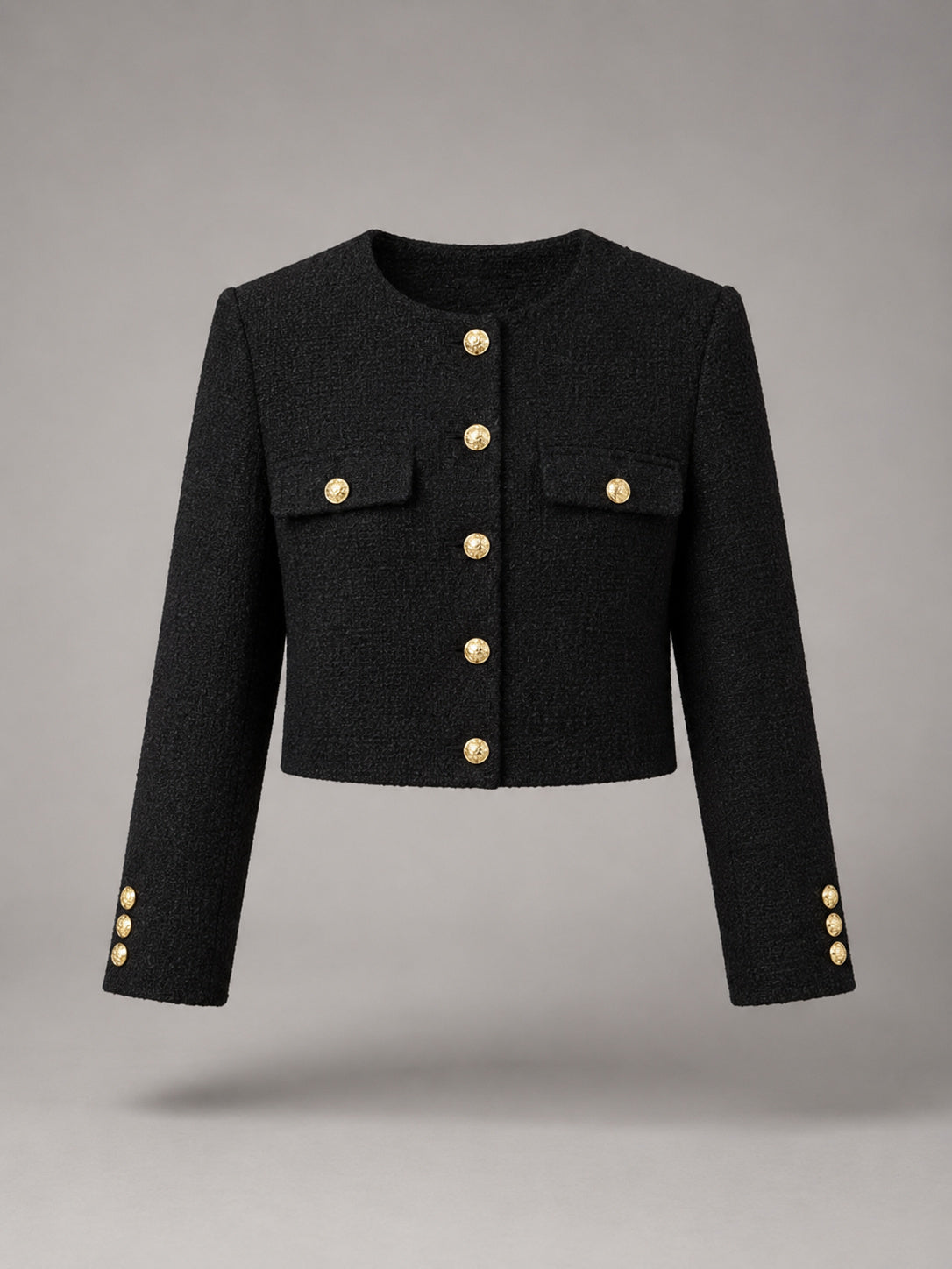 Women's Round Neck Button-Up Tweed Cropped Jacket