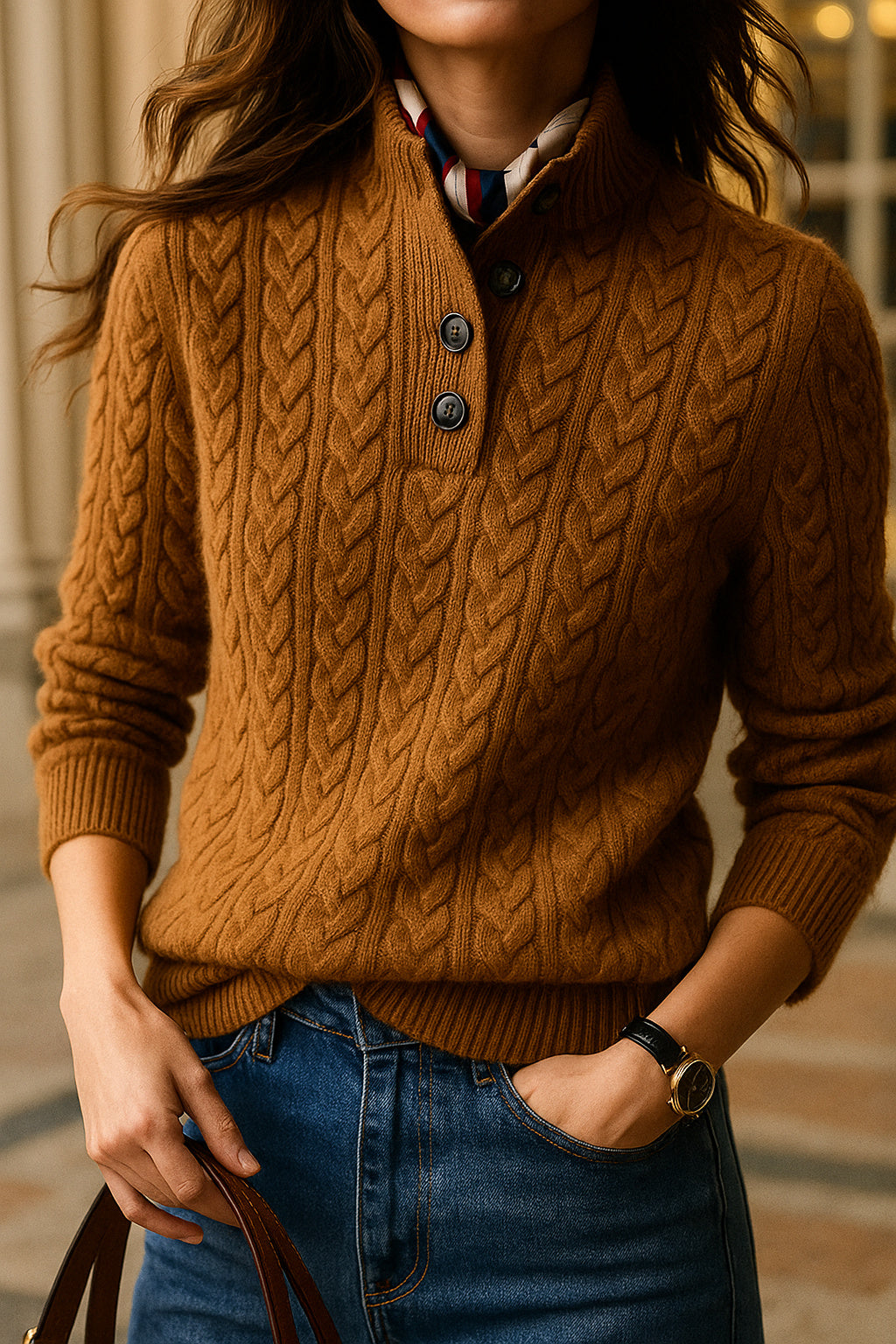 Women's Slim Button-Up Cable Knit Jumper