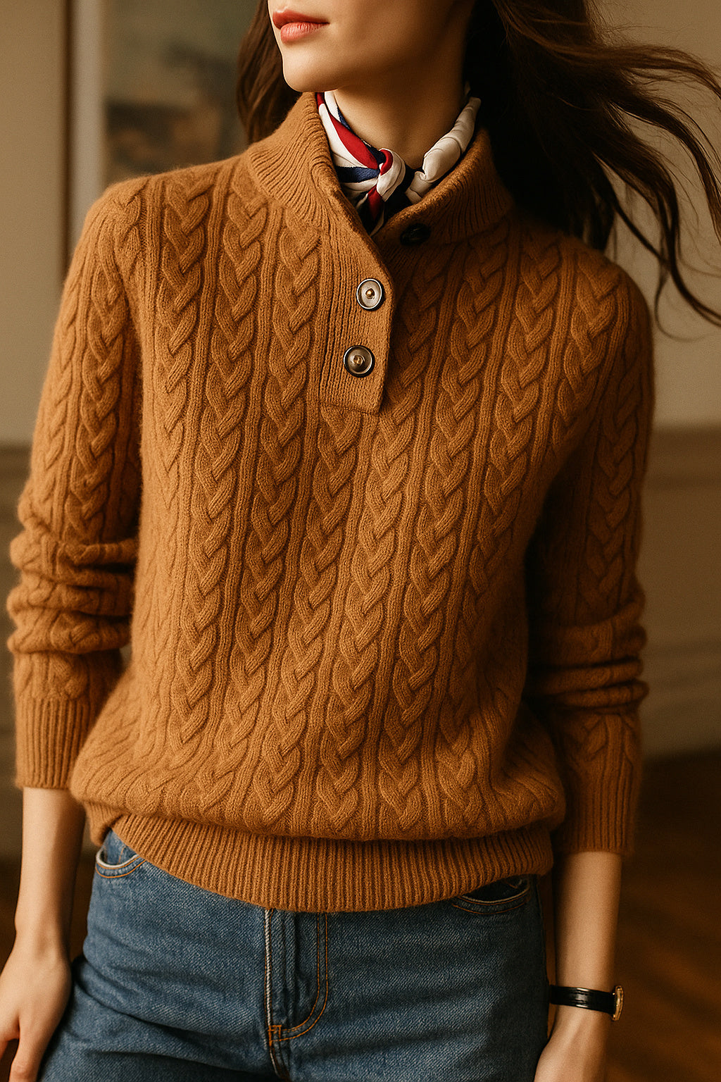 Women's Slim Button-Up Cable Knit Jumper