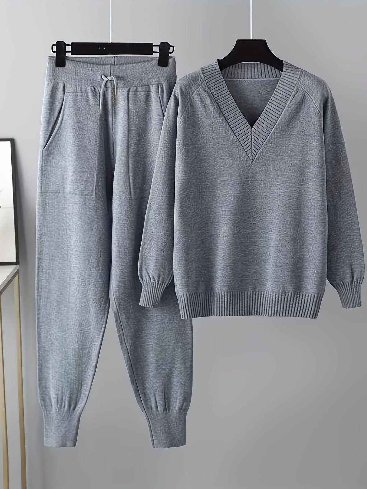 Women's V Neck Fine Knit Jumper and Jogger Set