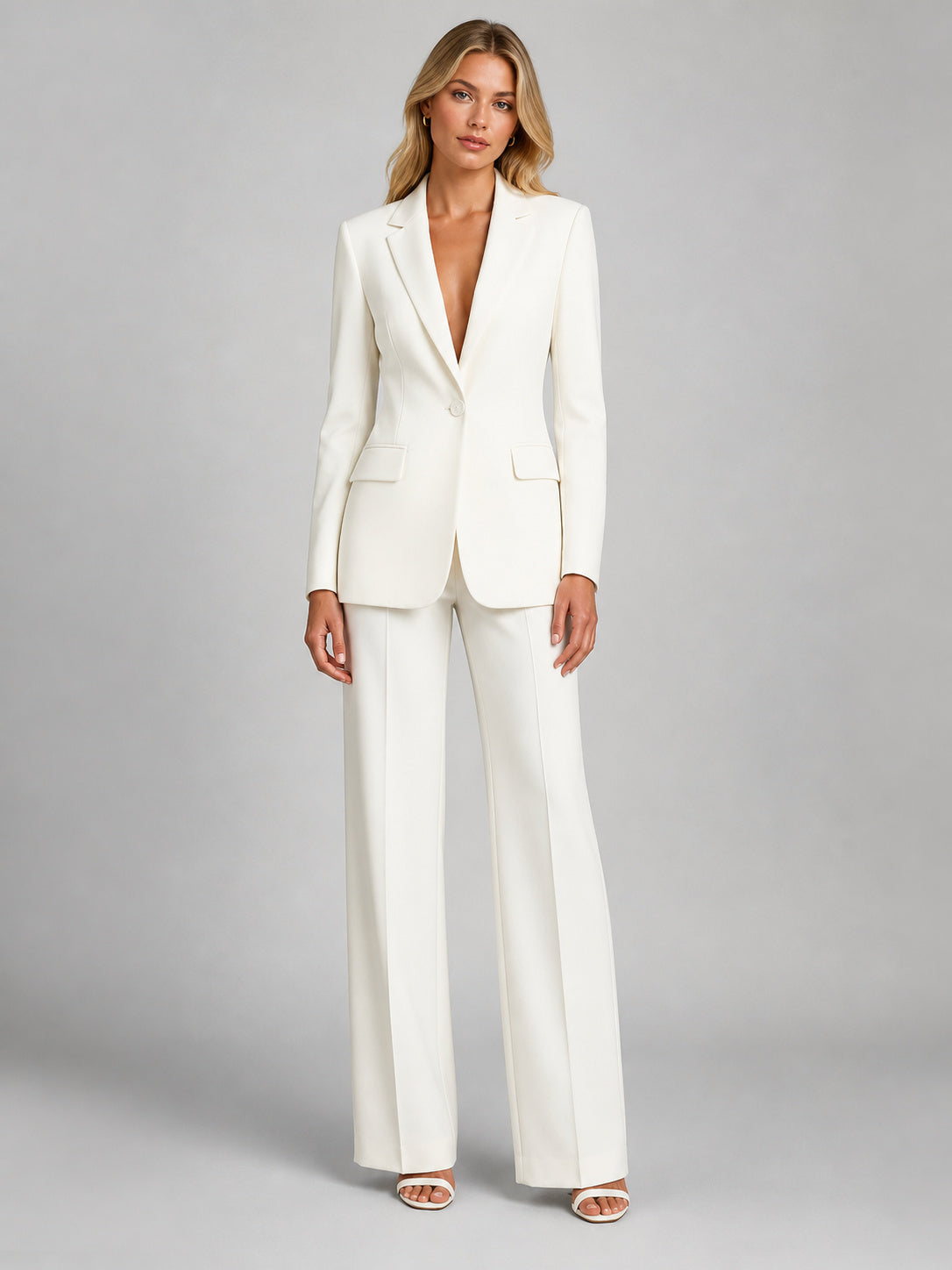 Women's Wide Leg Plain Blazer And Trousers Set