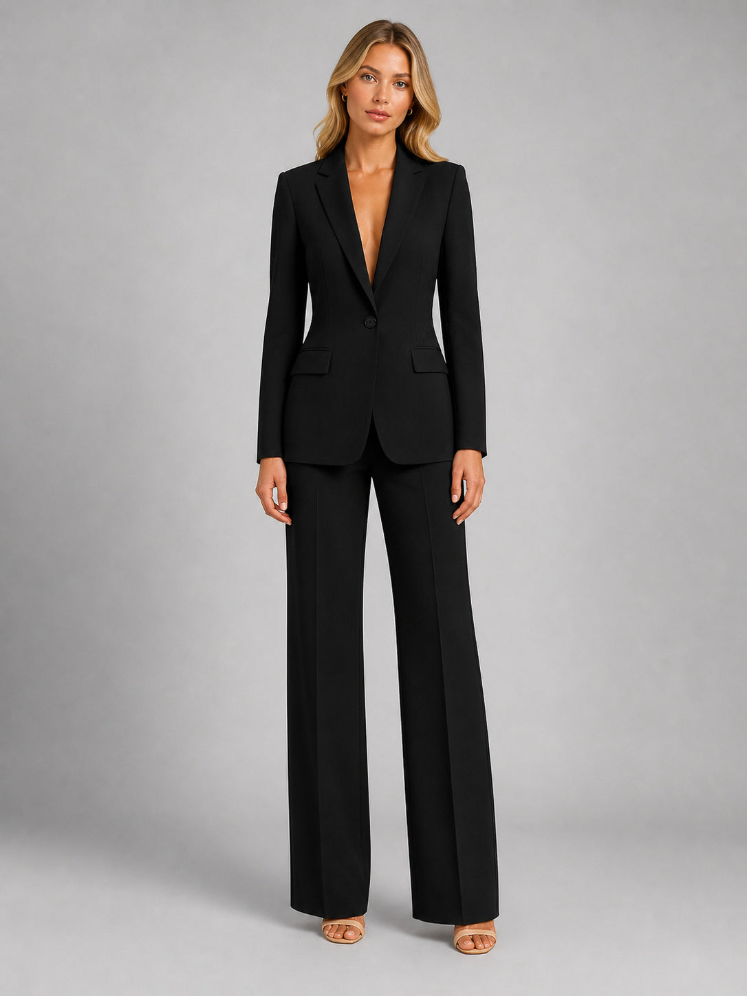 Women's Wide Leg Plain Blazer And Trousers Set