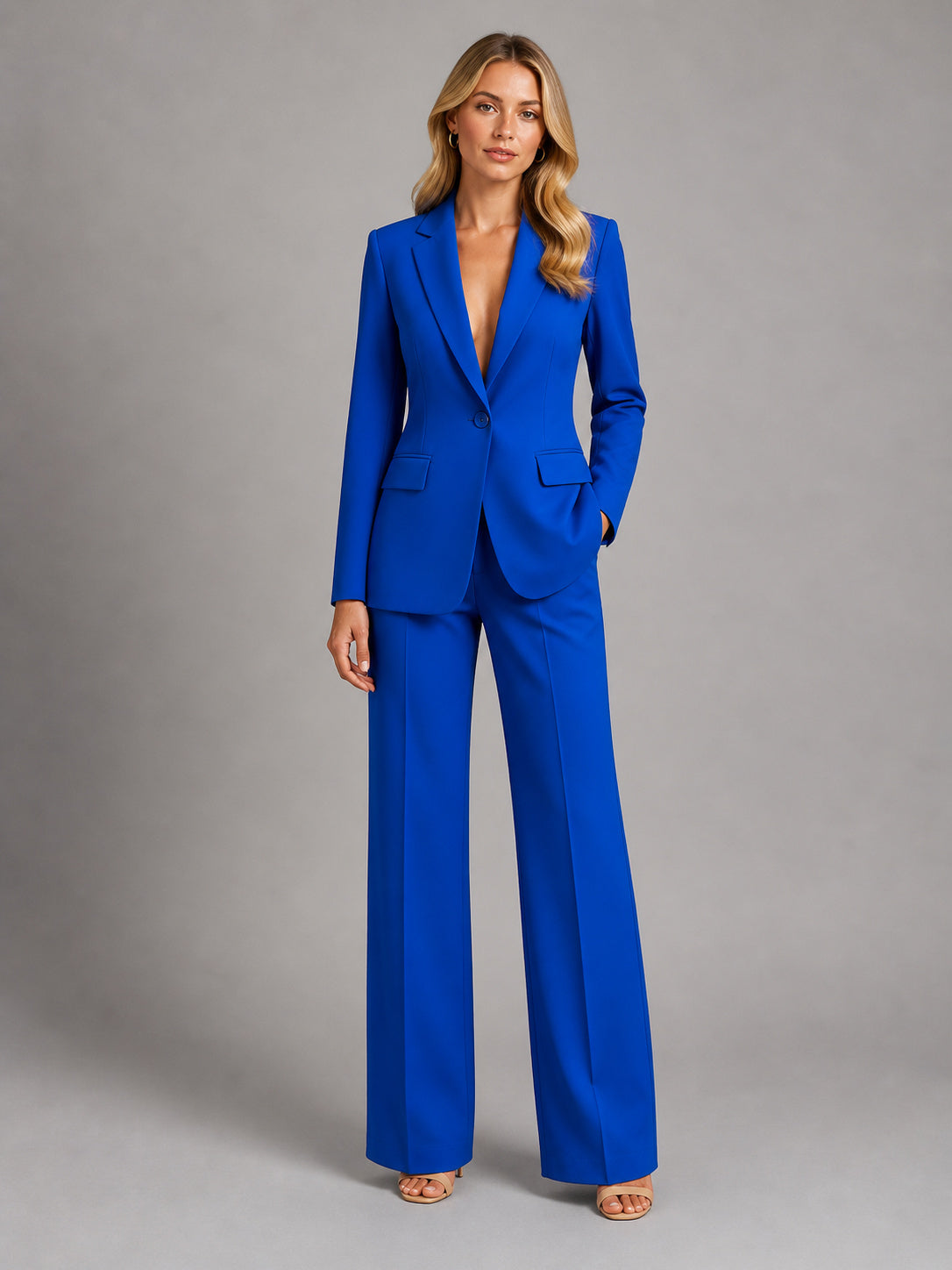 Women's Wide Leg Plain Blazer And Trousers Set