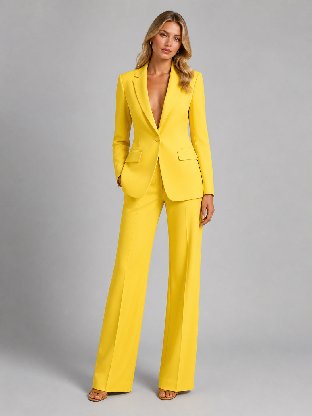Women's Wide Leg Plain Blazer And Trousers Set