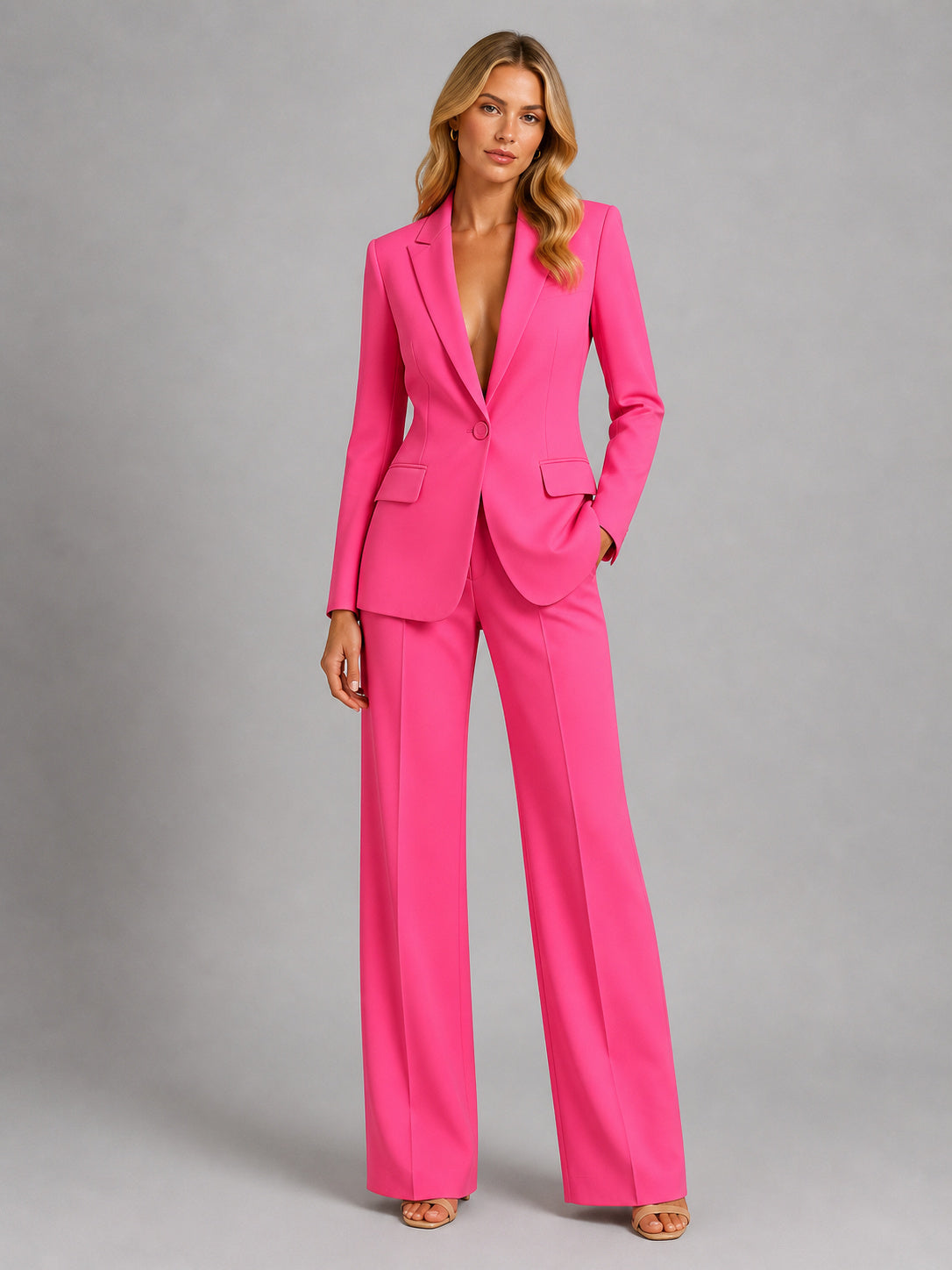 Women's Wide Leg Plain Blazer And Trousers Set