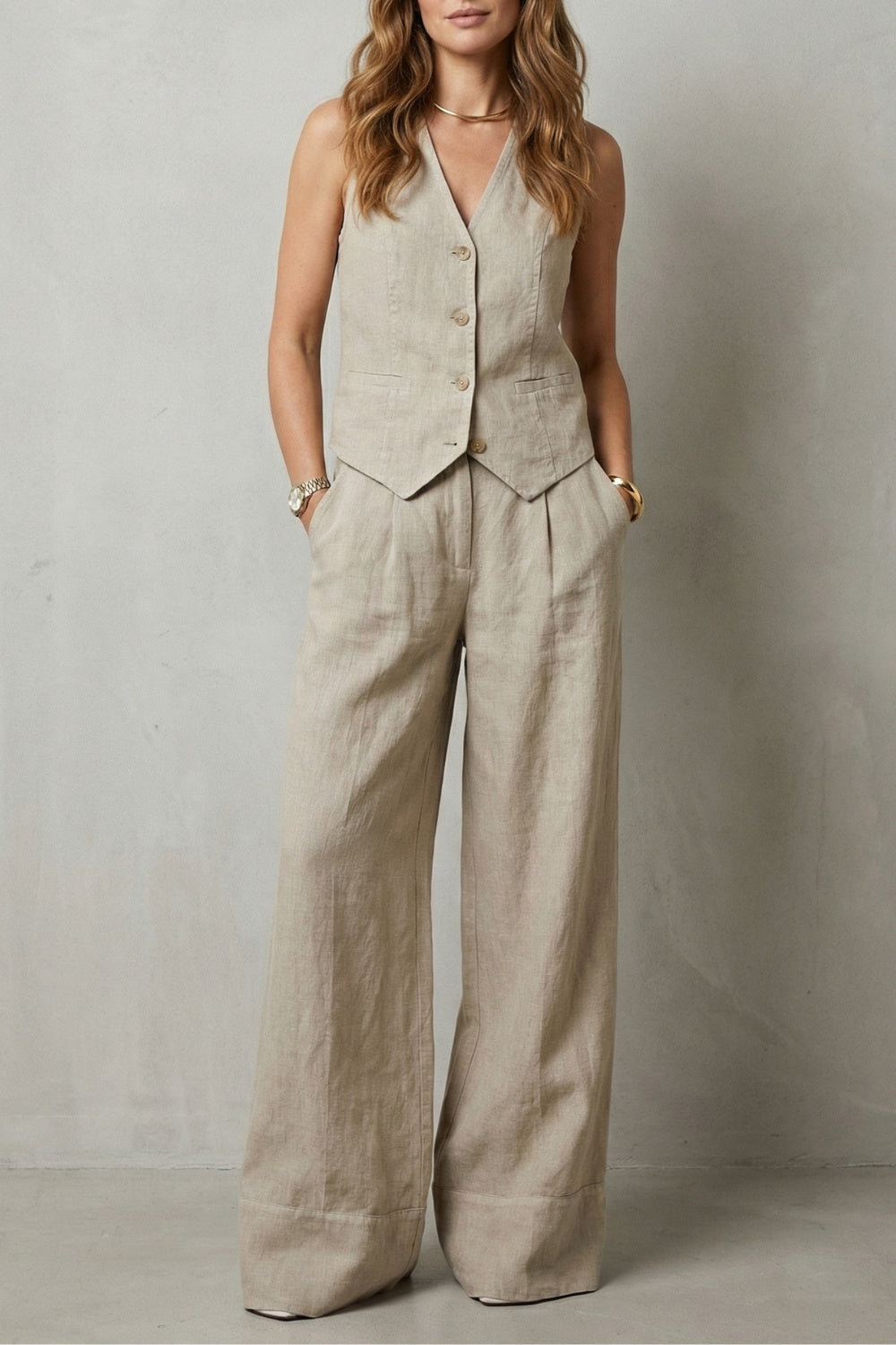 Women's Wide Leg Sleeveless Vest and Trouser Set