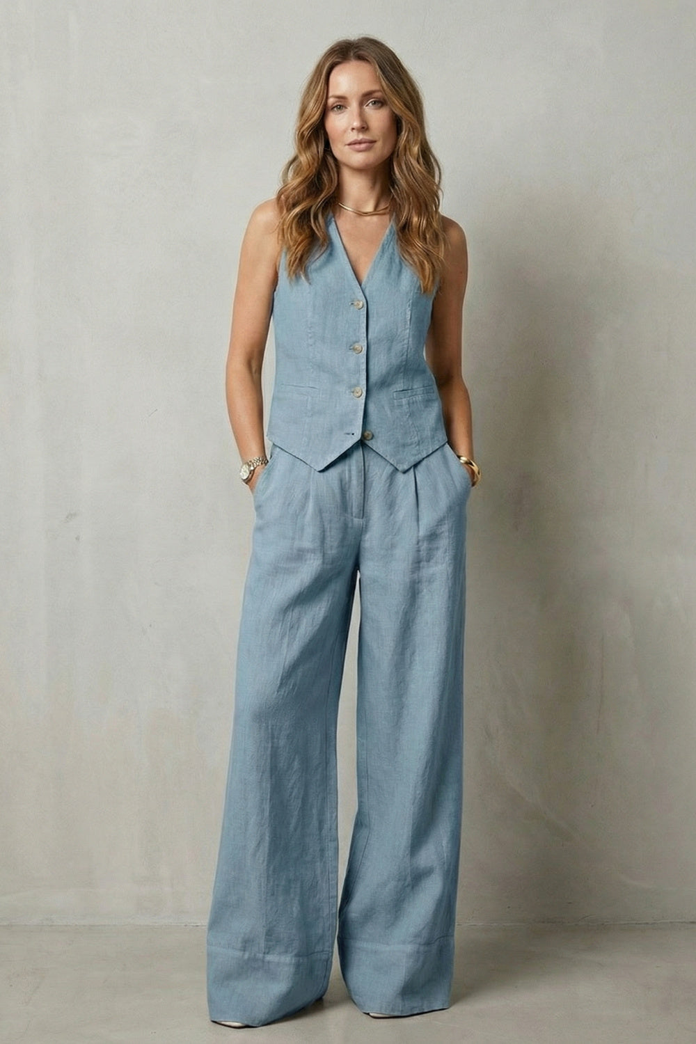 Women's Wide Leg Sleeveless Vest and Trouser Set