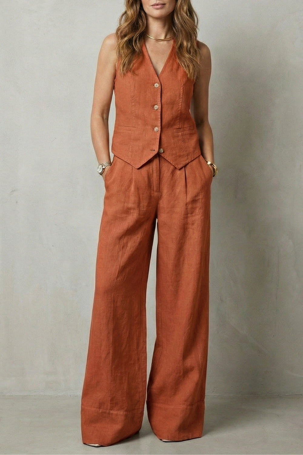 Women's Wide Leg Sleeveless Vest and Trouser Set
