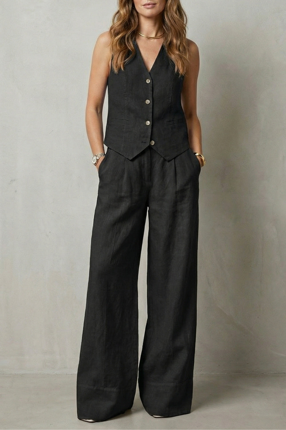 Women's Wide Leg Sleeveless Vest and Trouser Set