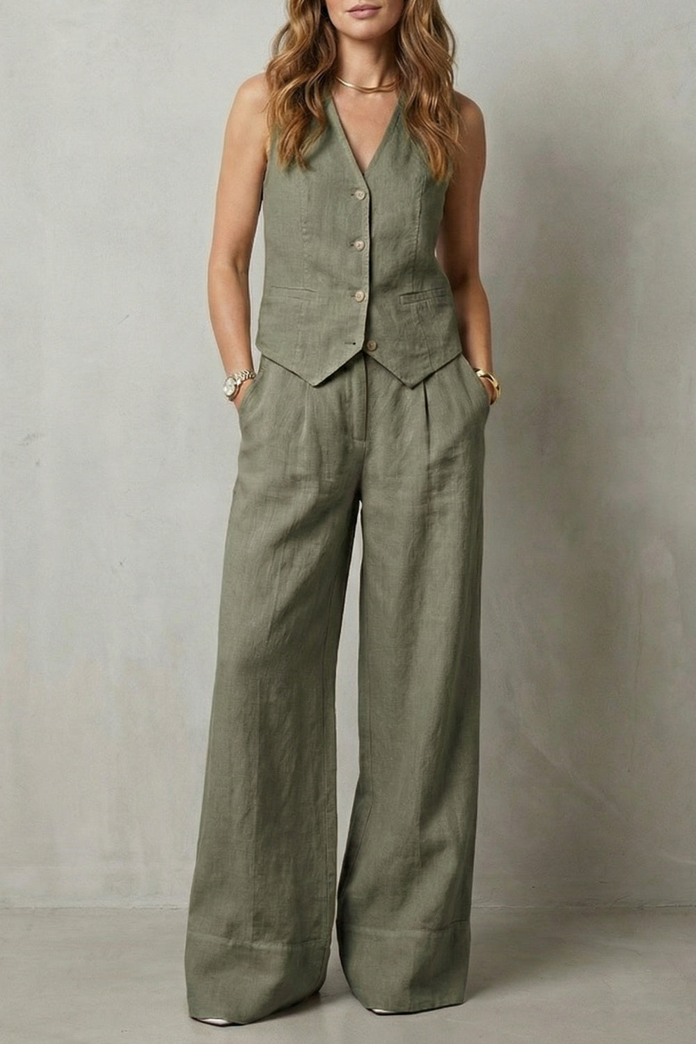 Women's Wide Leg Sleeveless Vest and Trouser Set