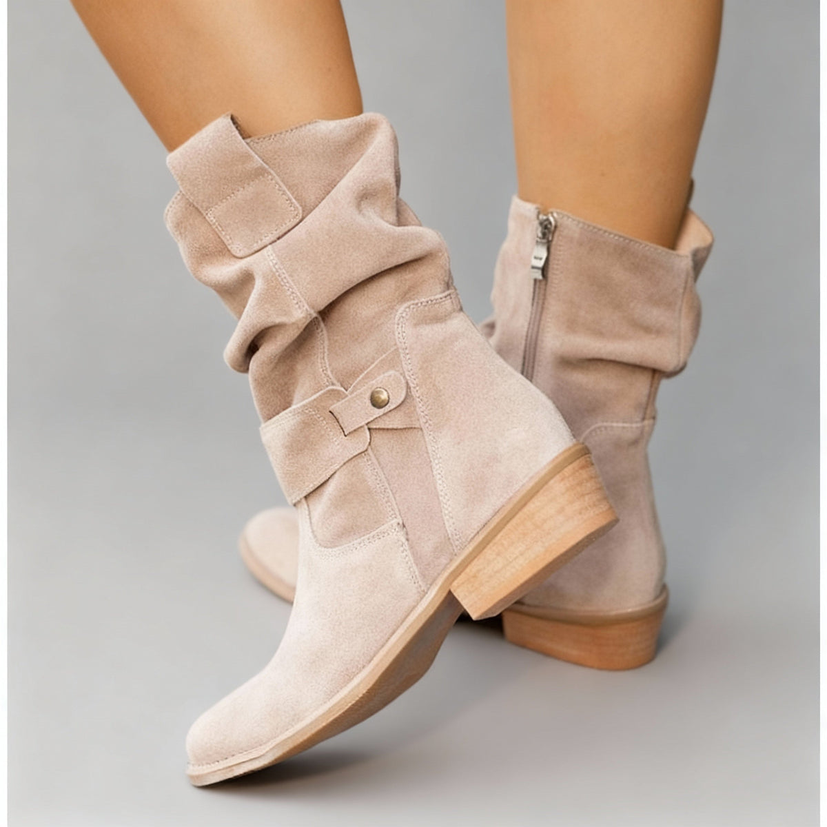 Women's Zip-Up Block Heel Slouchy Ankle Boots
