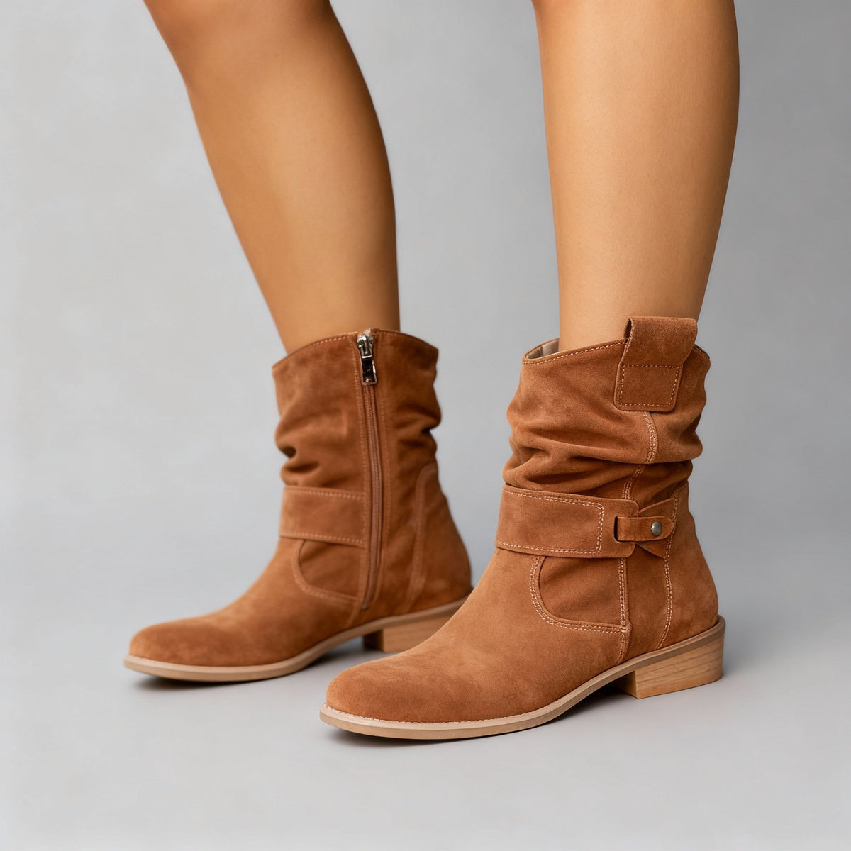 Women's Zip-Up Block Heel Slouchy Ankle Boots