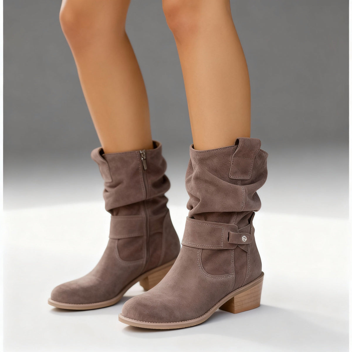 Women's Zip-Up Block Heel Slouchy Ankle Boots