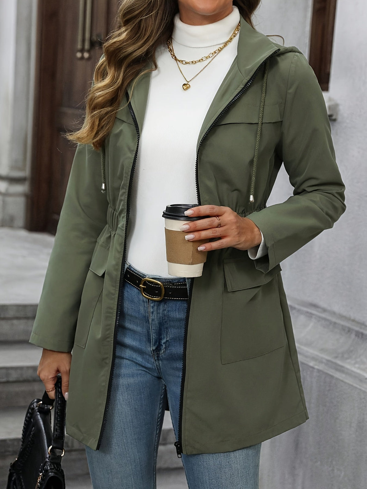 Women's Zip-Up Drawstring Waist Hooded Jacket