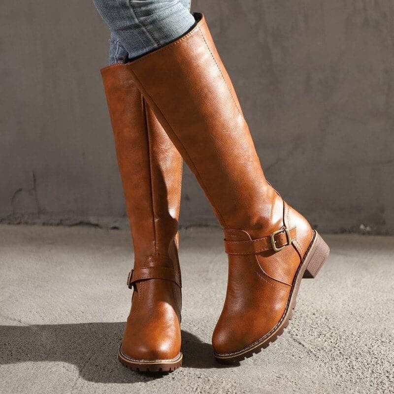Women's Zip-Up Faux Leather Buckle Knee High Boots