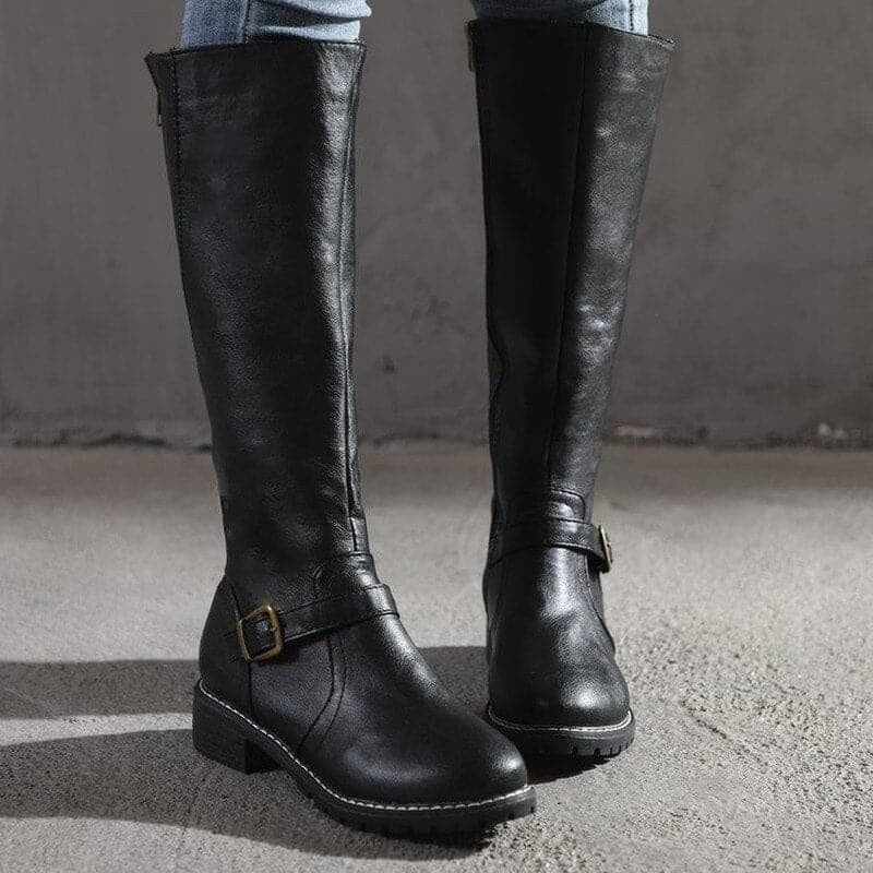 Women's Zip-Up Faux Leather Buckle Knee High Boots