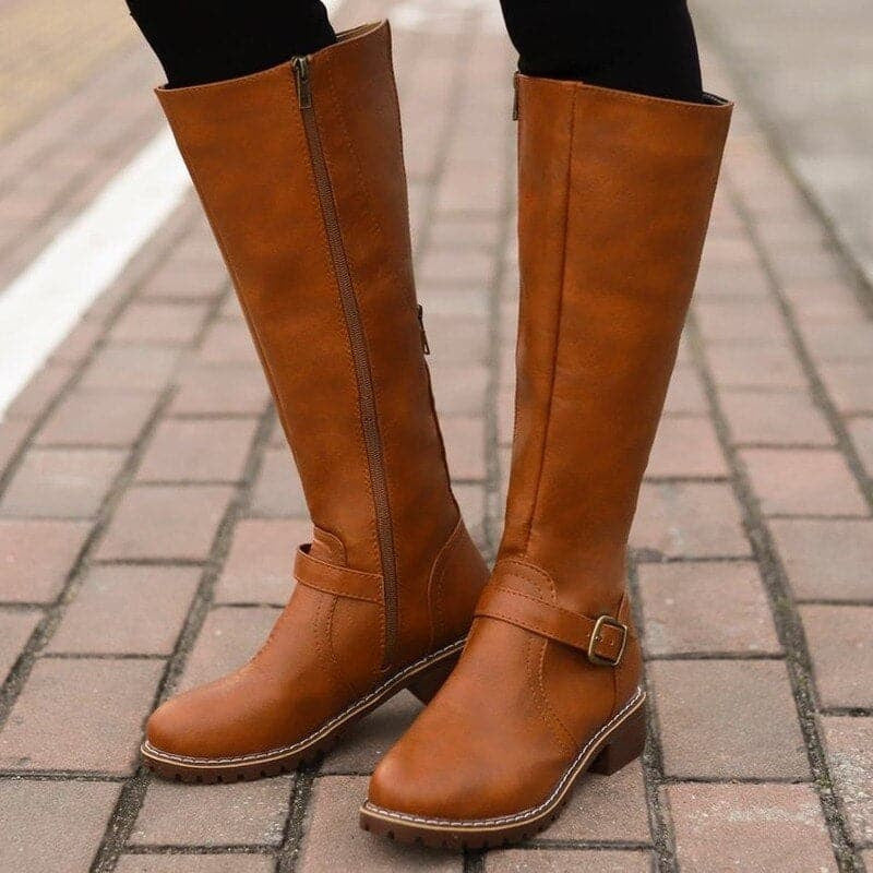 Women's Zip-Up Faux Leather Buckle Knee High Boots