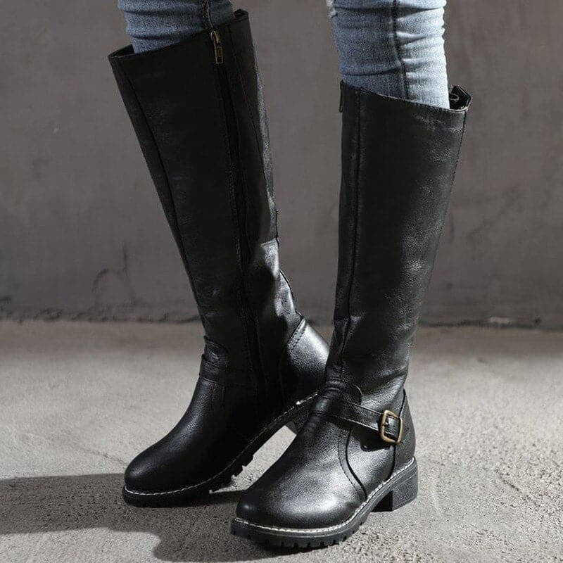 Women's Zip-Up Faux Leather Buckle Knee High Boots