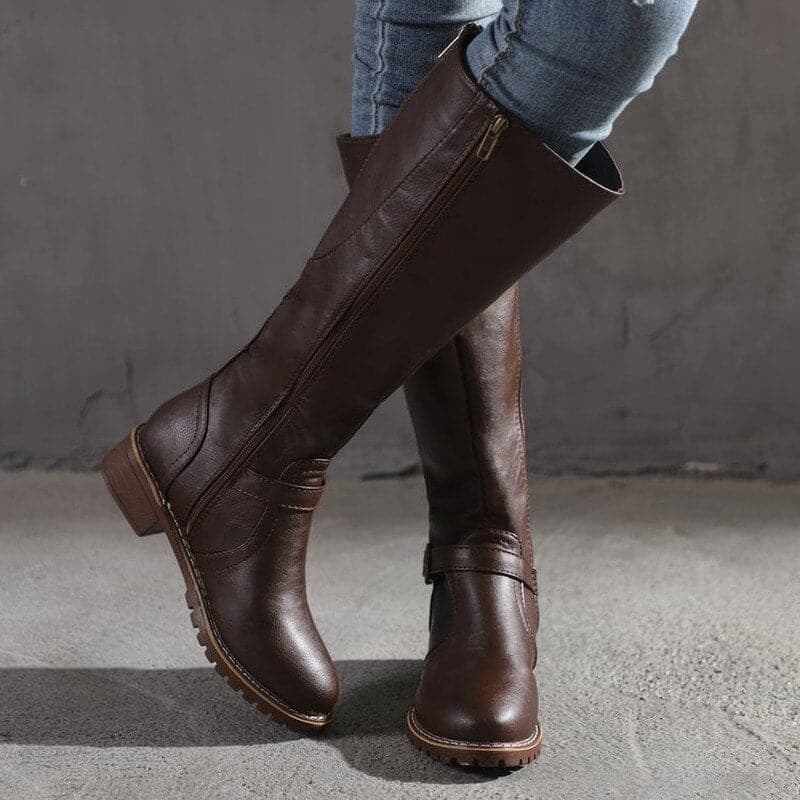 Women's Zip-Up Faux Leather Buckle Knee High Boots