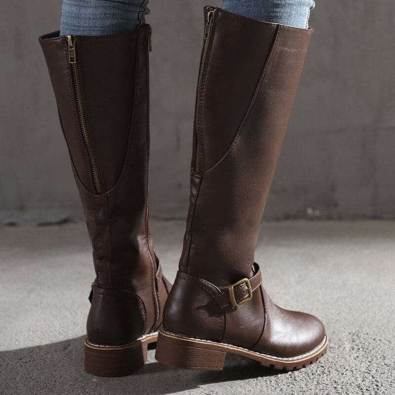 Women's Zip-Up Faux Leather Buckle Knee High Boots