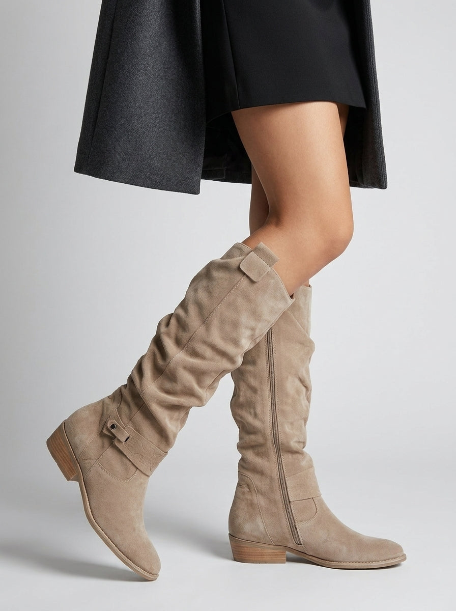 Women's Zip-Up Faux Suede Ruched Knee High Boots