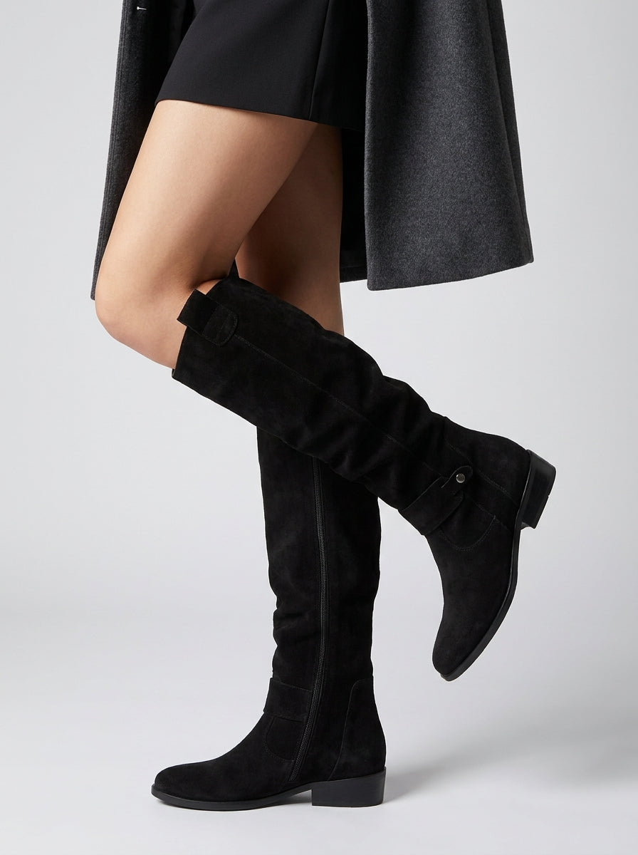 Women's Zip-Up Faux Suede Ruched Knee High Boots