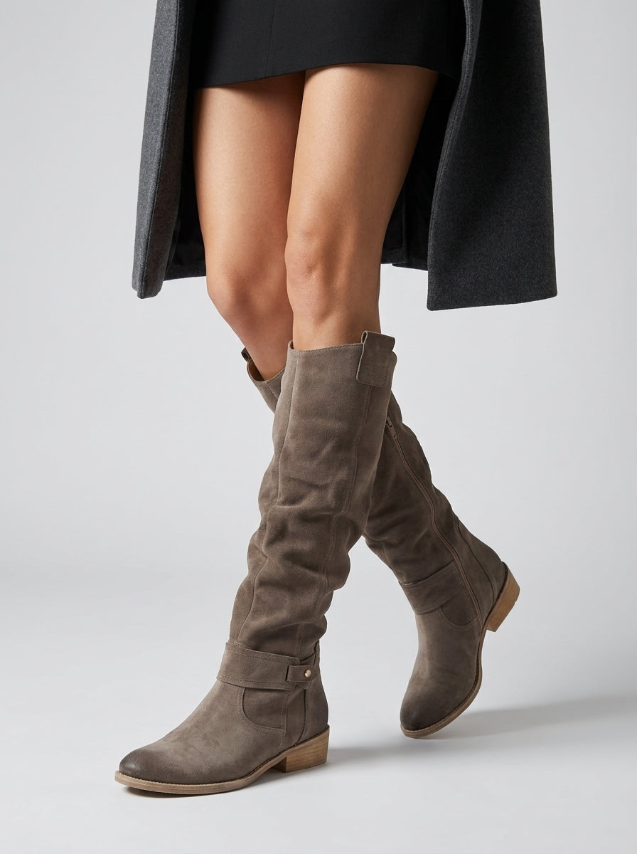 Women's Zip-Up Faux Suede Ruched Knee High Boots