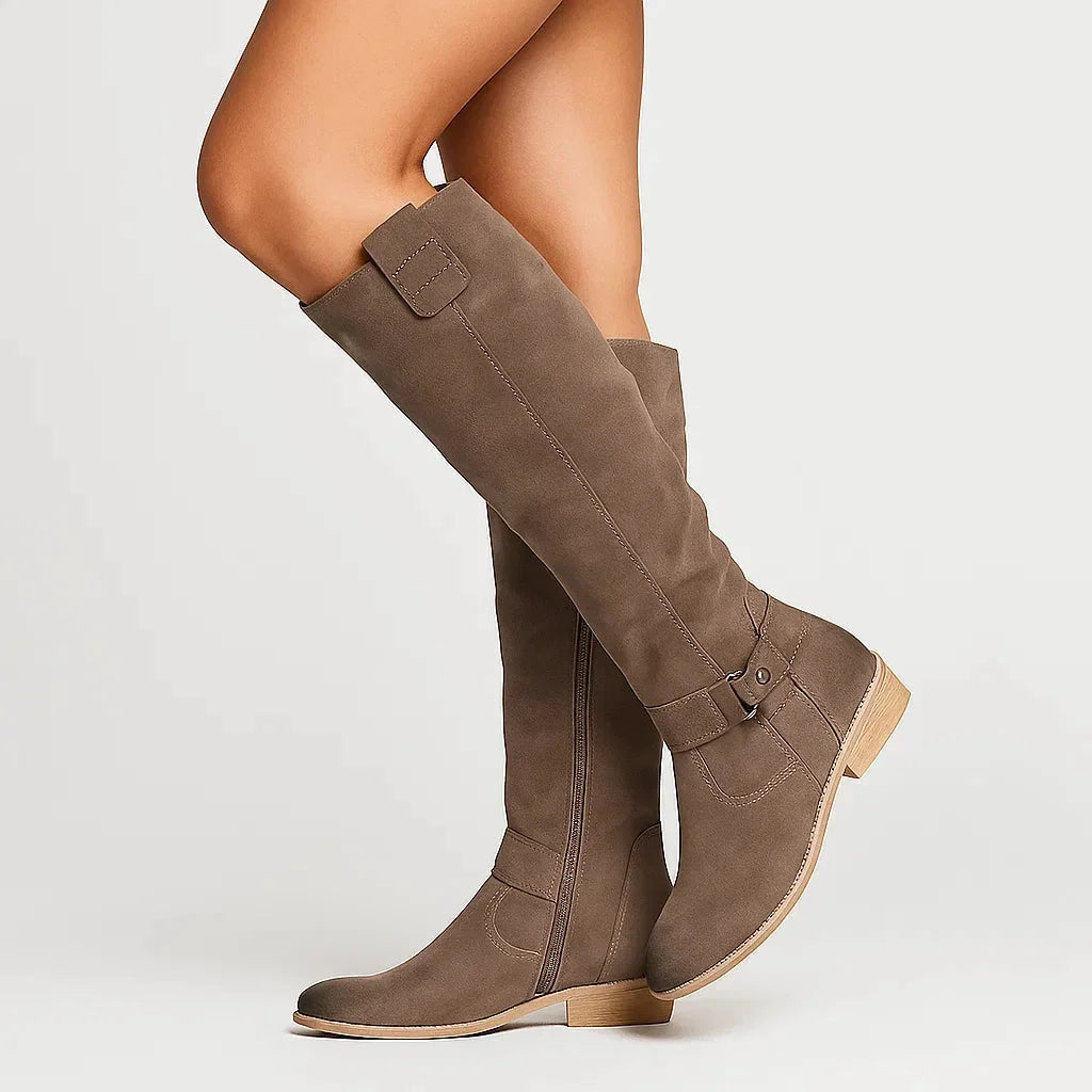 Women's Zip-Up Suede Block Heel Knee High Boots