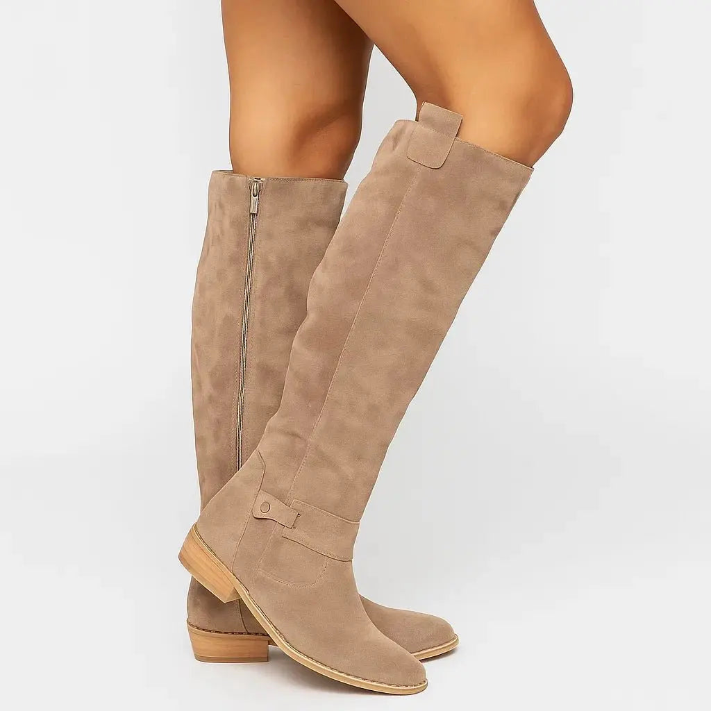 Women's Zip-Up Suede Heel Side Knee High Boots