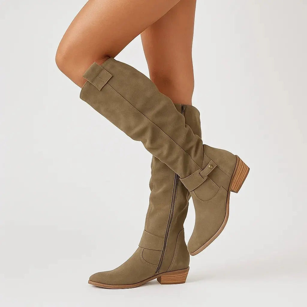 Women's Zip-Up Suede Heel Side Knee High Boots