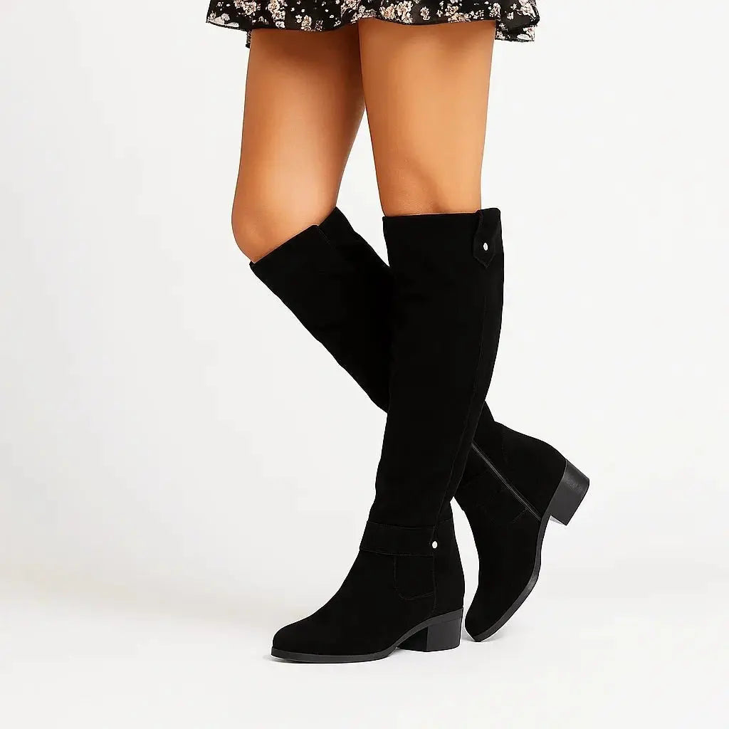 Women's Zip-Up Suede Heel Side Knee High Boots